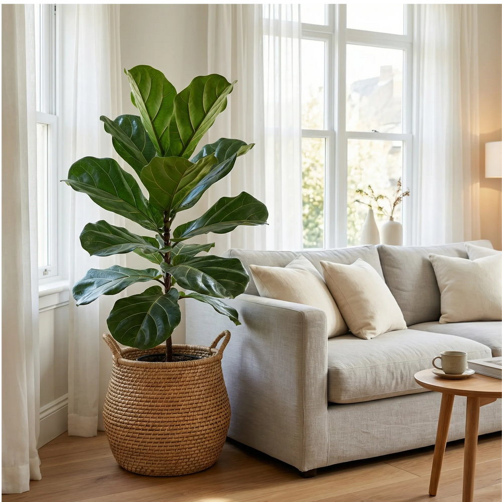Ficus Lyrata pianta da interno - in cesto di rattan in soggiorno moderno, dettaglio foglie grandi