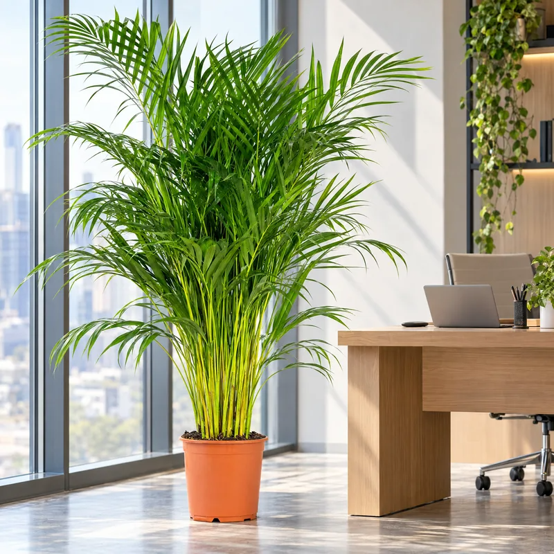 Palma Areca, detta palma bambù, in un ufficio moderno vicino alla vetrata e alla scrivania