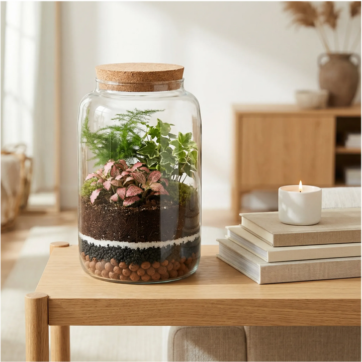 Terrarium chiuso - vista ravvicinata delle piante e della condensa all'interno del vaso di vetro