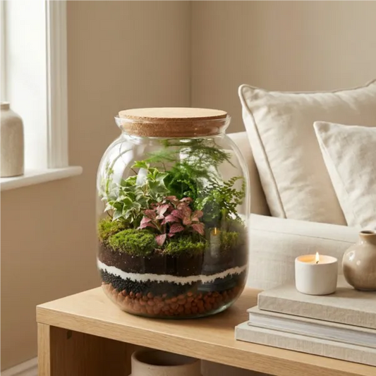 Mini Giardino in Vetro - dettaglio di muschio e piccole piante nel terrarium