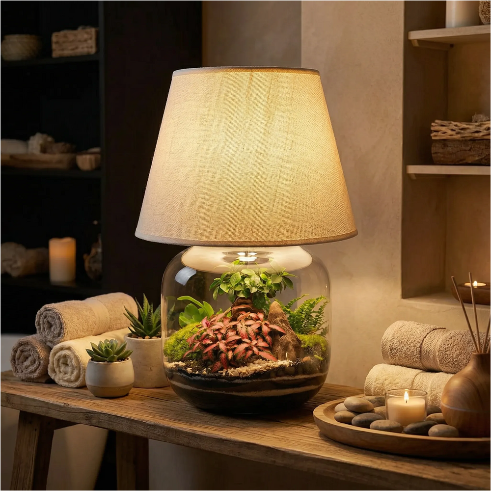 Lamparium Martina illuminato in ambiente spa notturno con candele atmosfera zen