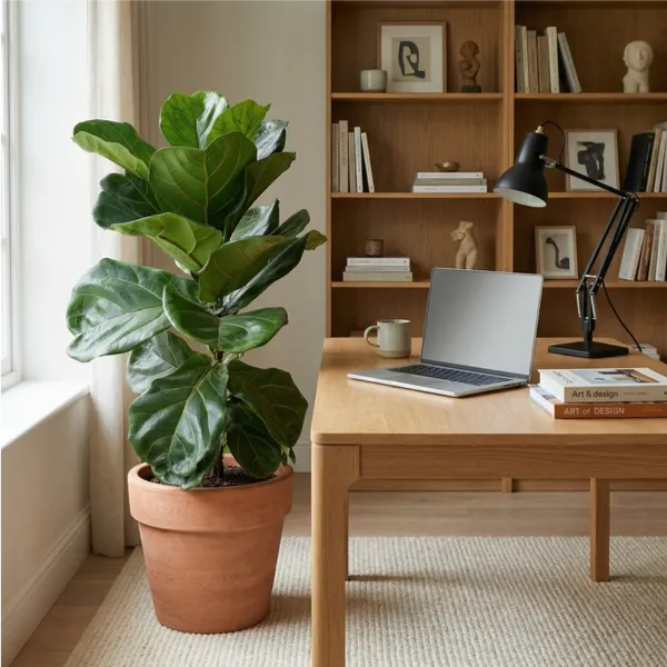 Ficus Lyrata 90 cm - in vaso terracotta nello studio home office, dettaglio delle venature delle foglie