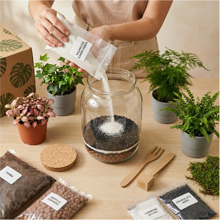 Kit Terrarium - esempio di terrarium assemblato con piante verdi e muschio