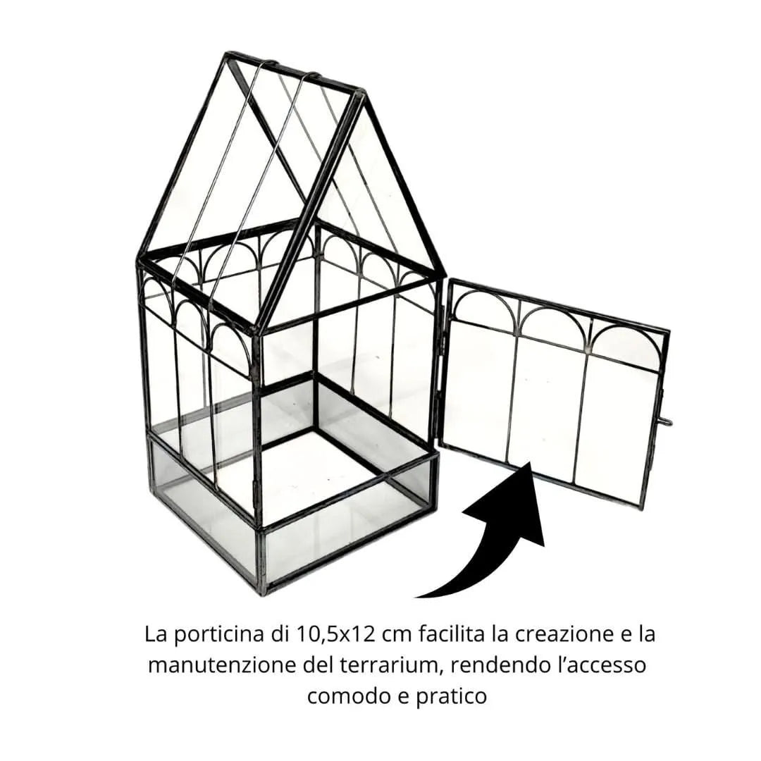 Terrarium geometrico in vetro trasparente con struttura in metallo nero e apertura frontale