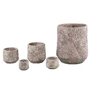 Pot rond en ciment gris diesel, lignes ondulées, aspect rugueux, taille XS