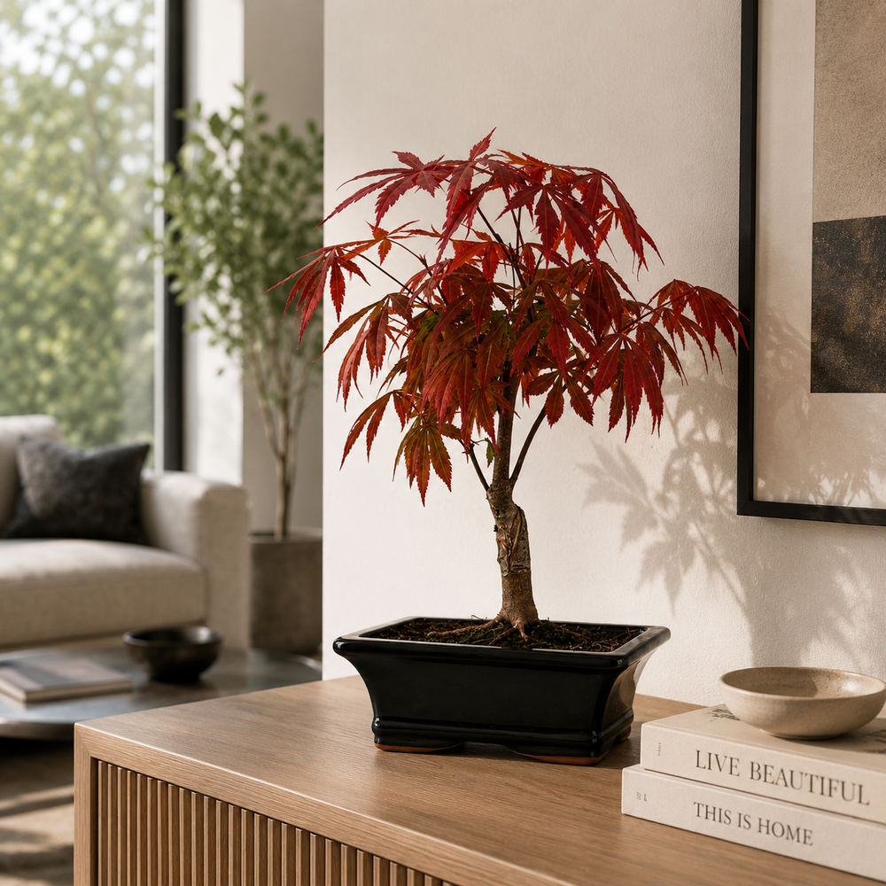 Bonsai Acer Palmatum rosso su mobile in legno chiaro con arredo minimal contemporaneo e luce naturale diffusa.