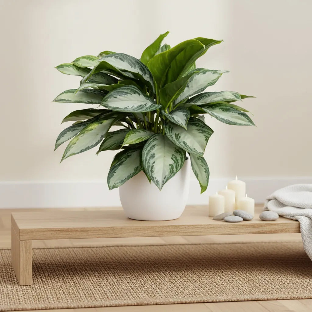 Aglaonema Silver Bay in vaso bianco su mobile in legno vicino finestra, pianta da interno decorativa