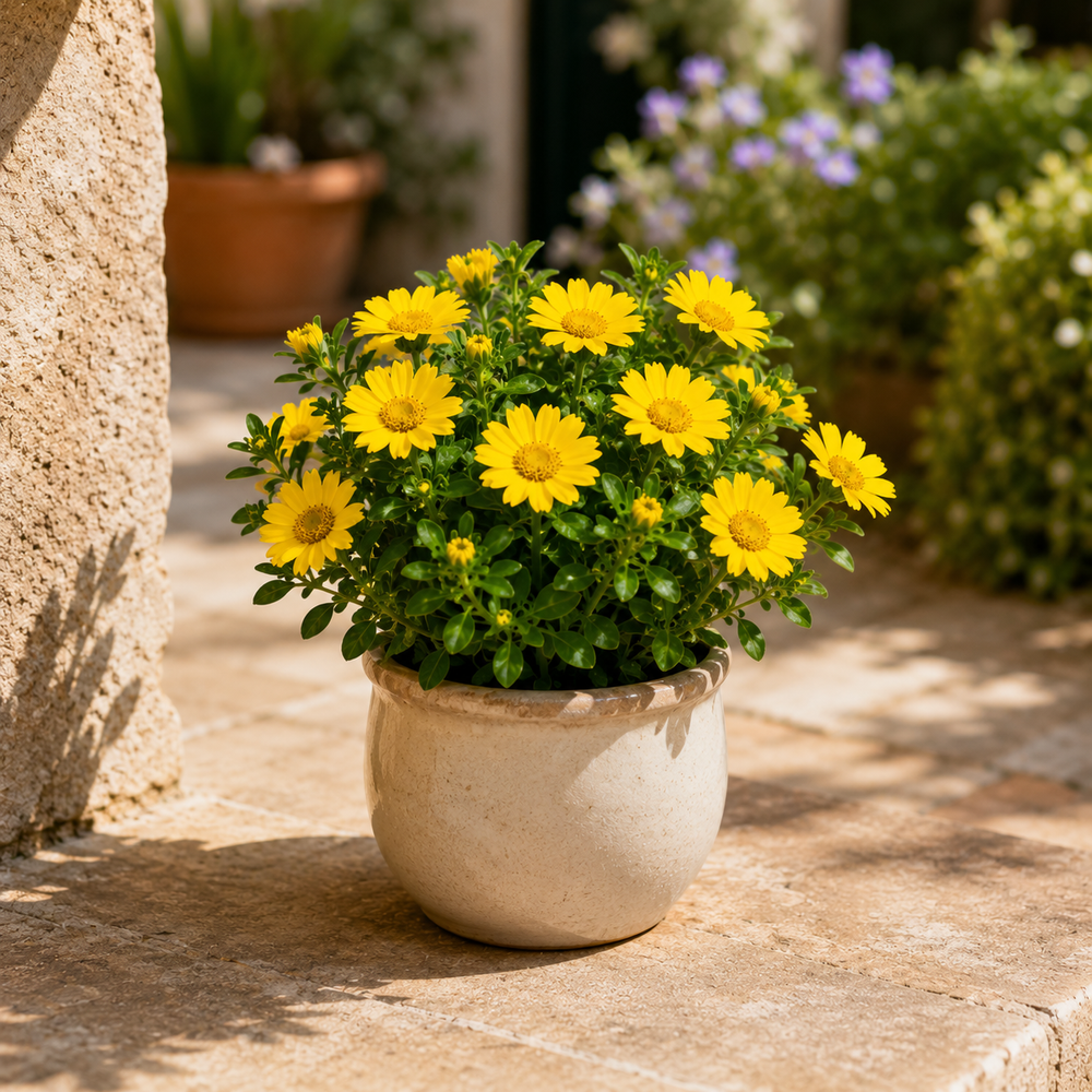 Pianta di Asteriscus con fiori gialli vivaci in vaso decorativo beige posizionata su terrazza soleggiata.