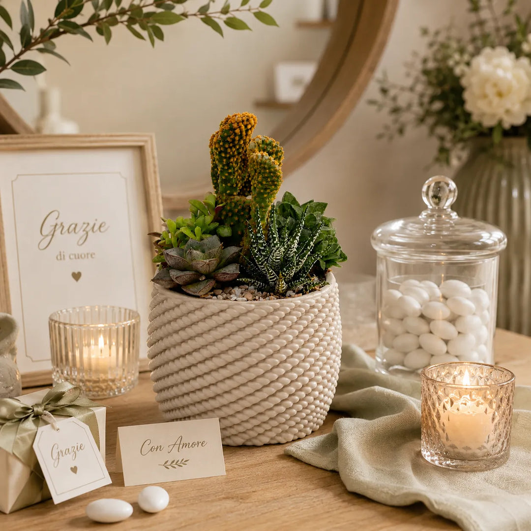 Vaso artigianale Carina con composizione di cactus e piante succulente, ideale come bomboniera solidale o regalo green per cerimonie ed eventi.