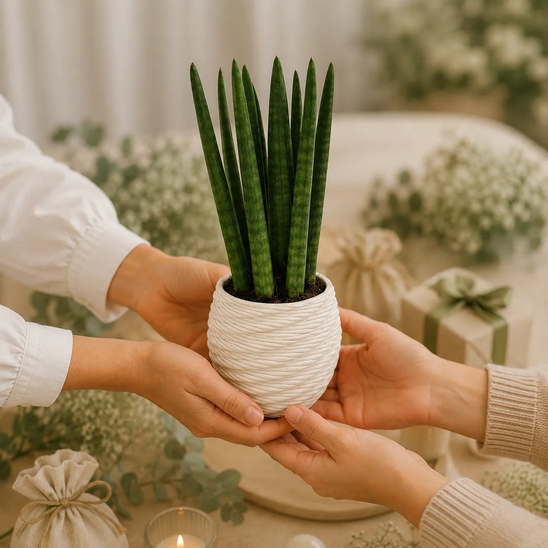 Mani che consegnano una Sansevieria Cylindrica in vaso bianco decorativo ideale come bomboniera green per matrimonio o evento.