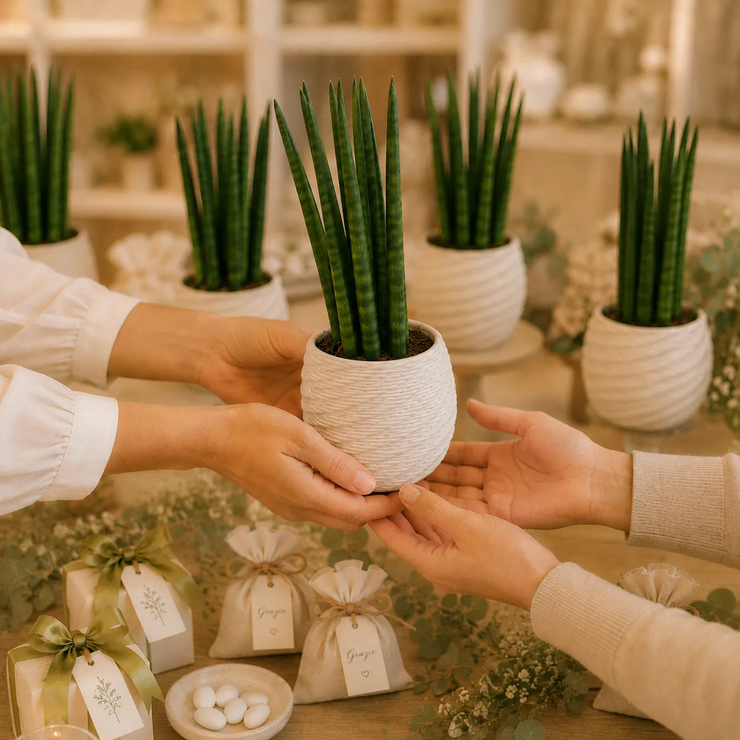 Sansevieria Cylindrica in vaso bianco consegnata come bomboniera green elegante durante un evento o matrimonio raffinato.
