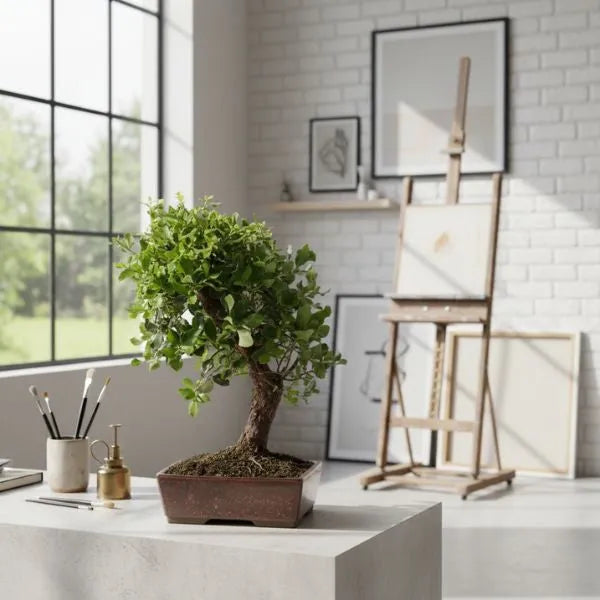 Bonsai ornamentale da interno in vaso rettangolare marrone su tavolo in ambiente moderno con cavalletto e parete in mattoni chiari