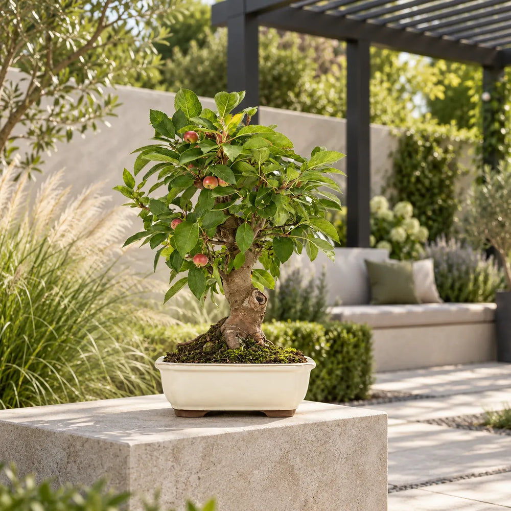 Bonsai Melo di 18 anni con chioma verde e piccoli frutti, in vaso avorio inserito in un elegante giardino moderno