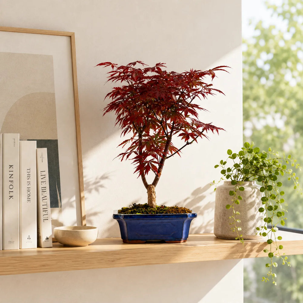 Bonsai Acer Palmatum Atropurpureum con foglie rosso rubino in vaso blu su mensola in legno con arredo minimal moderno.