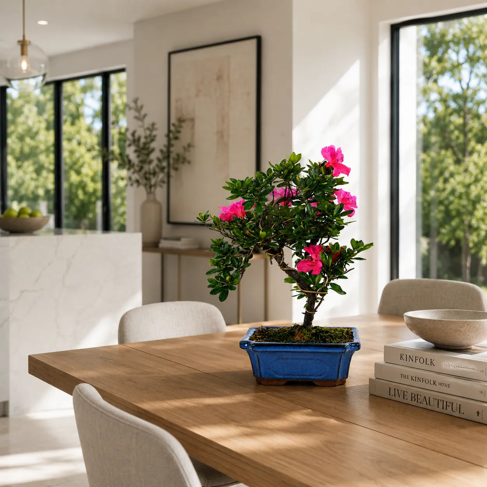 Bonsai Azalea giapponese con fiori rosa vivaci in vaso bonsai blu posizionato su tavolo in legno in ambiente interno moderno e luminoso.