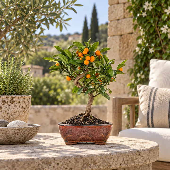 Bonsai Citrus Kinzu di 7 anni con piccoli frutti arancioni, chioma verde e vaso bonsai color terracotta, ambientato all'esterno