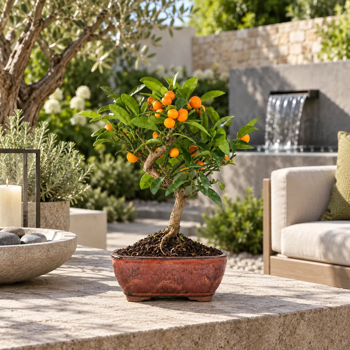 Bonsai Citrus Kinzu di 7 anni con frutti arancioni e foglie verdi, esposto su tavolo in pietra in un giardino mediterraneo