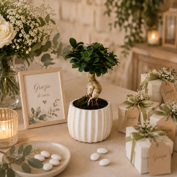 Bonsai Ficus Ginseng in vaso artigianale Dioniso inserito in allestimento matrimonio con confezioni regalo, candele e decorazioni floreali bianche.