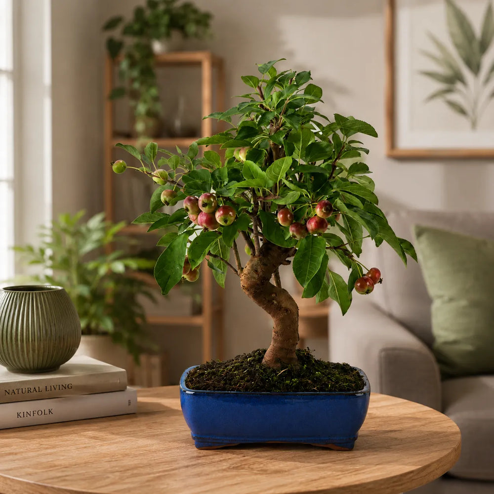 Bonsai Malus Melo Selvatico con piccoli frutti rossi in vaso bonsai blu posizionato su tavolo in legno in un soggiorno moderno luminoso.
