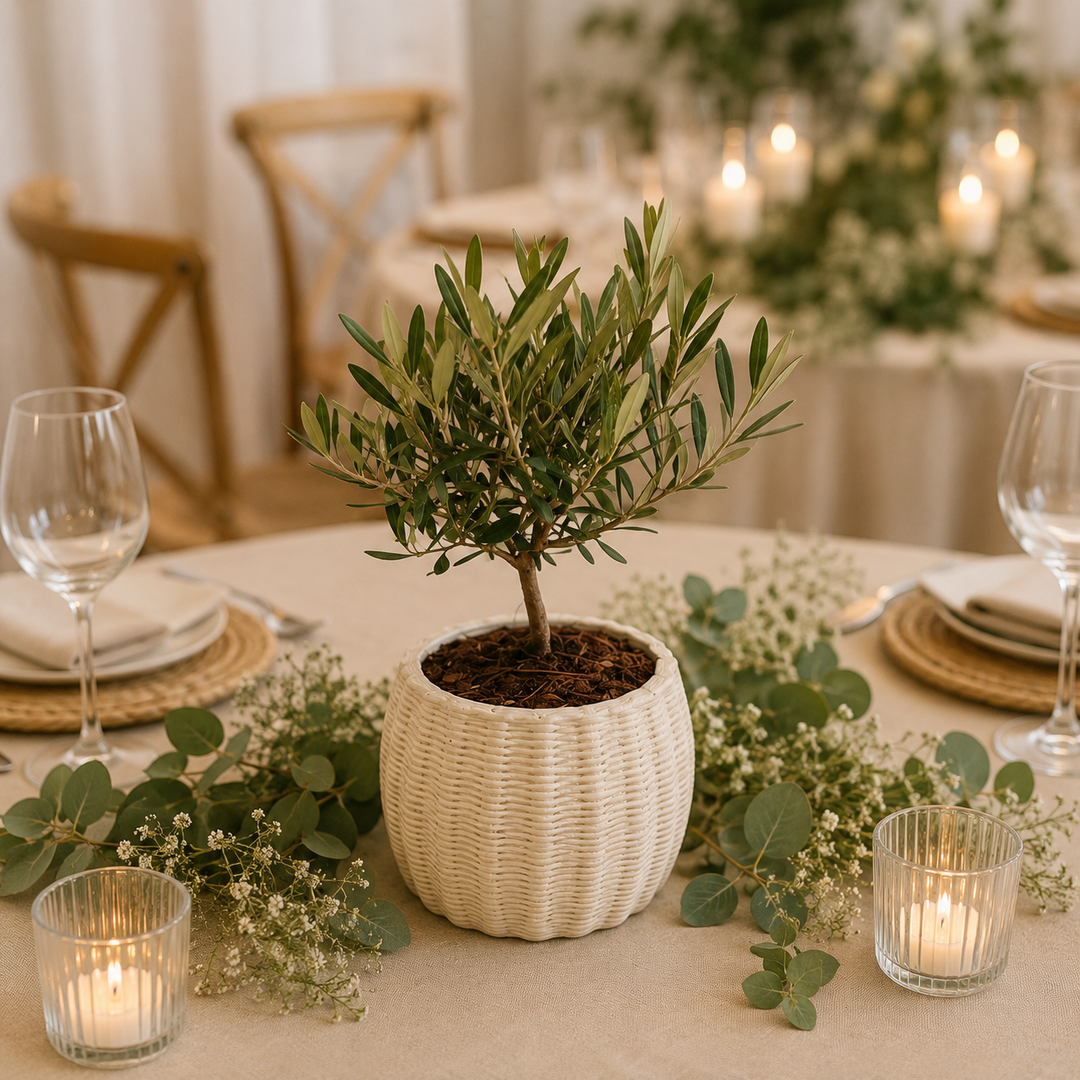 Bonsai di olivo in vaso bianco utilizzato come decorazione elegante per tavola matrimonio con candele ed elementi naturali.