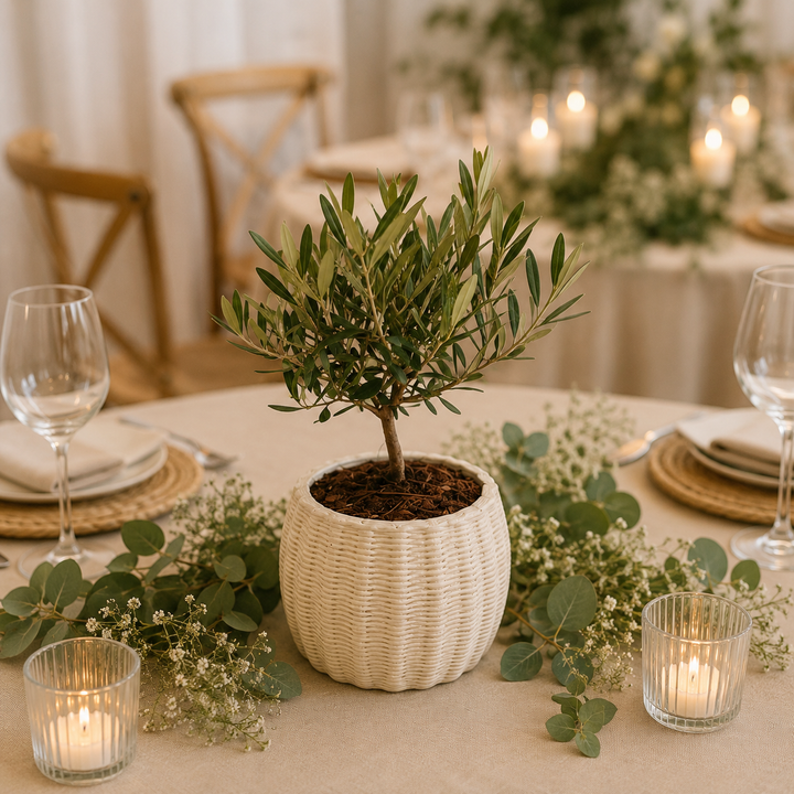 Bonsai di olivo in vaso bianco utilizzato come decorazione elegante per tavola matrimonio con candele ed elementi naturali.
