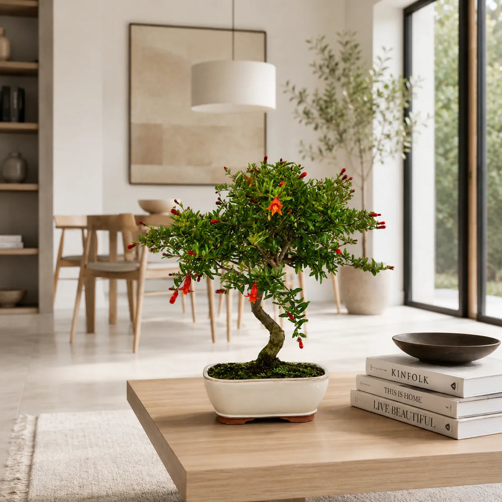 Bonsai Melograno ornamentale con boccioli rossi su tavolino in legno chiaro in ambiente minimal elegante e luminoso.