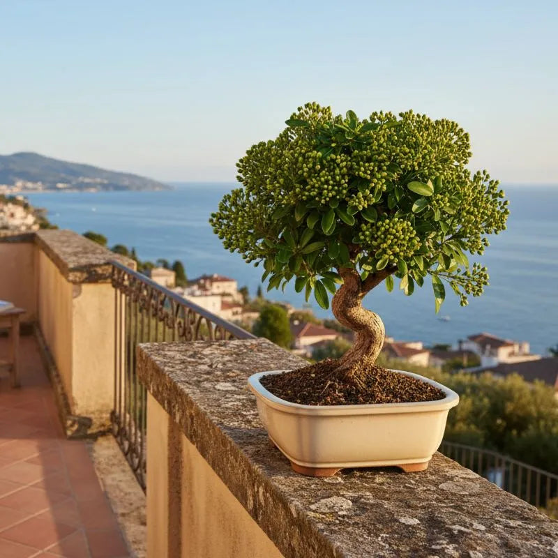 Bonsai pyracantha sp con tronco modellato e foglie verdi lucide in vaso bonsai beige su balcone luminoso.