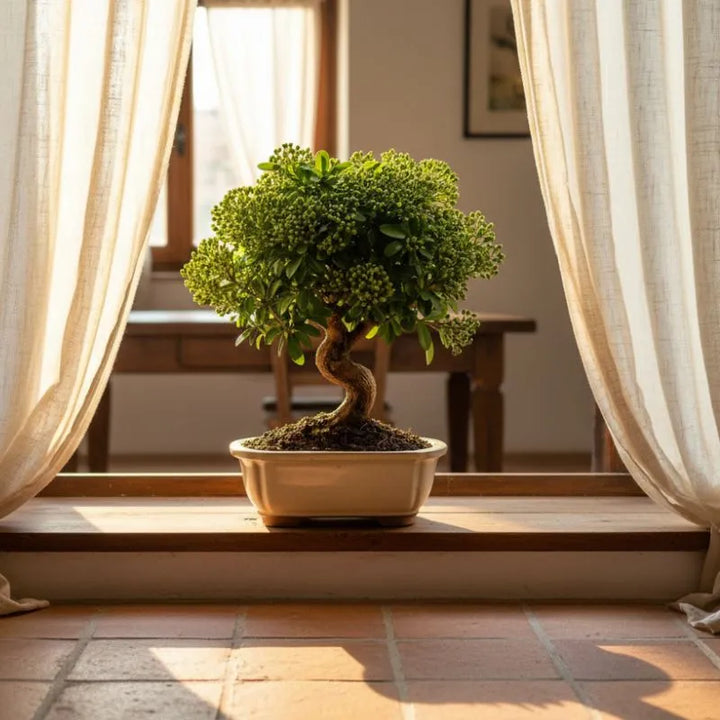 Bonsai pyracantha sp con chioma compatta e struttura elegante in vaso bonsai beige su terrazza panoramica.