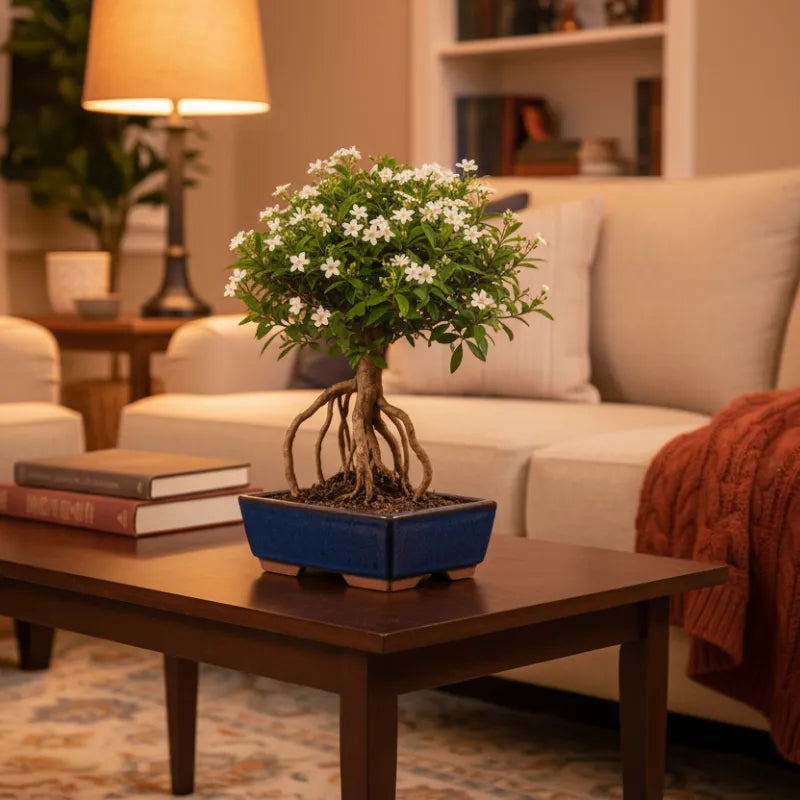 Bonsai Serissa phoetida 8 anni - fiori bianchi e radici visibili in vaso blu su tavolino