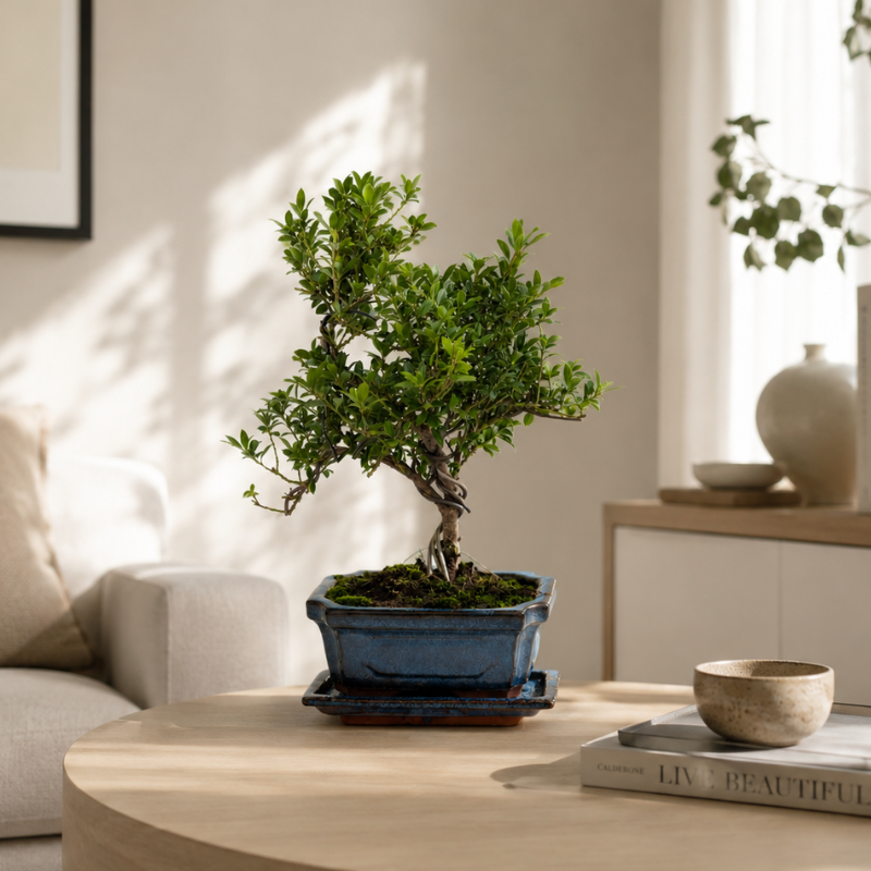 Bonsai da interno con tronco intrecciato e fogliame verde in vaso ceramica blu posizionato su tavolino rotondo in un soggiorno moderno luminoso con arredi minimal e luce naturale.