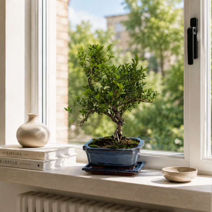 Bonsai verde in vaso blu posizionato su davanzale bianco davanti a una grande finestra con vista esterna sfocata e illuminazione naturale intensa.