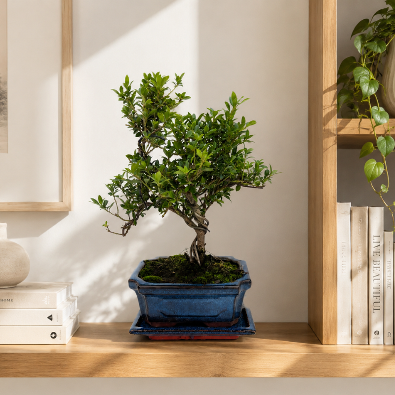Bonsai ornamentale in vaso blu collocato su mensola in legno chiaro accanto a libri decorativi e pianta ricadente in ambiente interno moderno e luminoso.