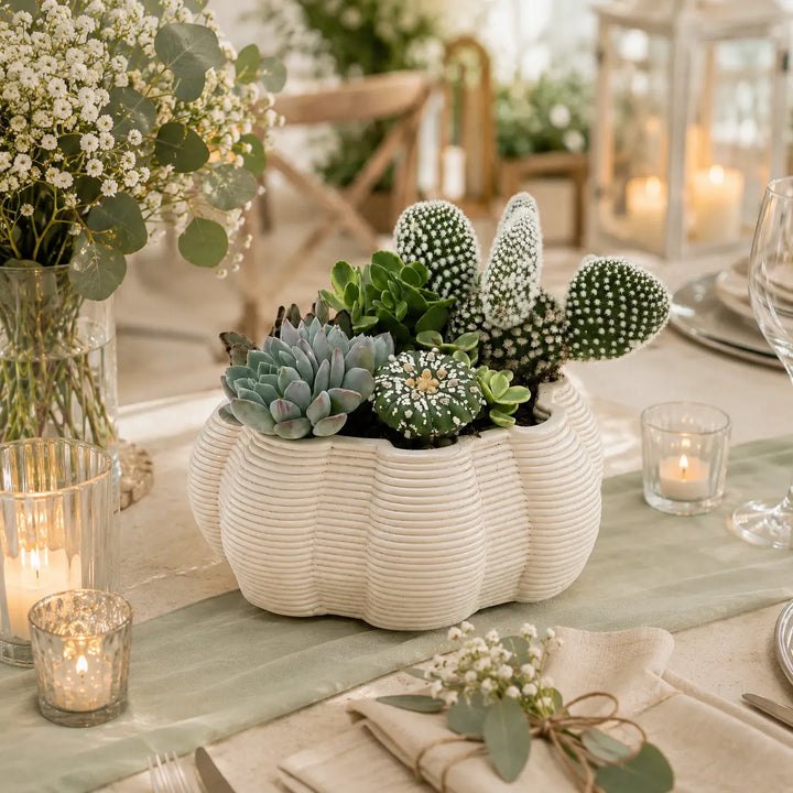 Centrotavola con cactus decorativi e succulente in vaso artigianale Iris perfetto come complemento d’arredo naturale e raffinato.
