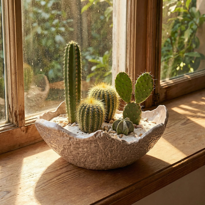 Ciotola artigianale con composizione di cactus e sabbia decorativa posizionata su davanzale in legno
