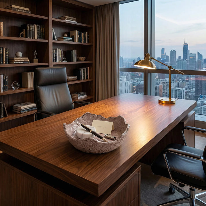 Ciotola in ceramica artigianale utilizzata come svuotatasche su scrivania elegante in ufficio con vista panoramica