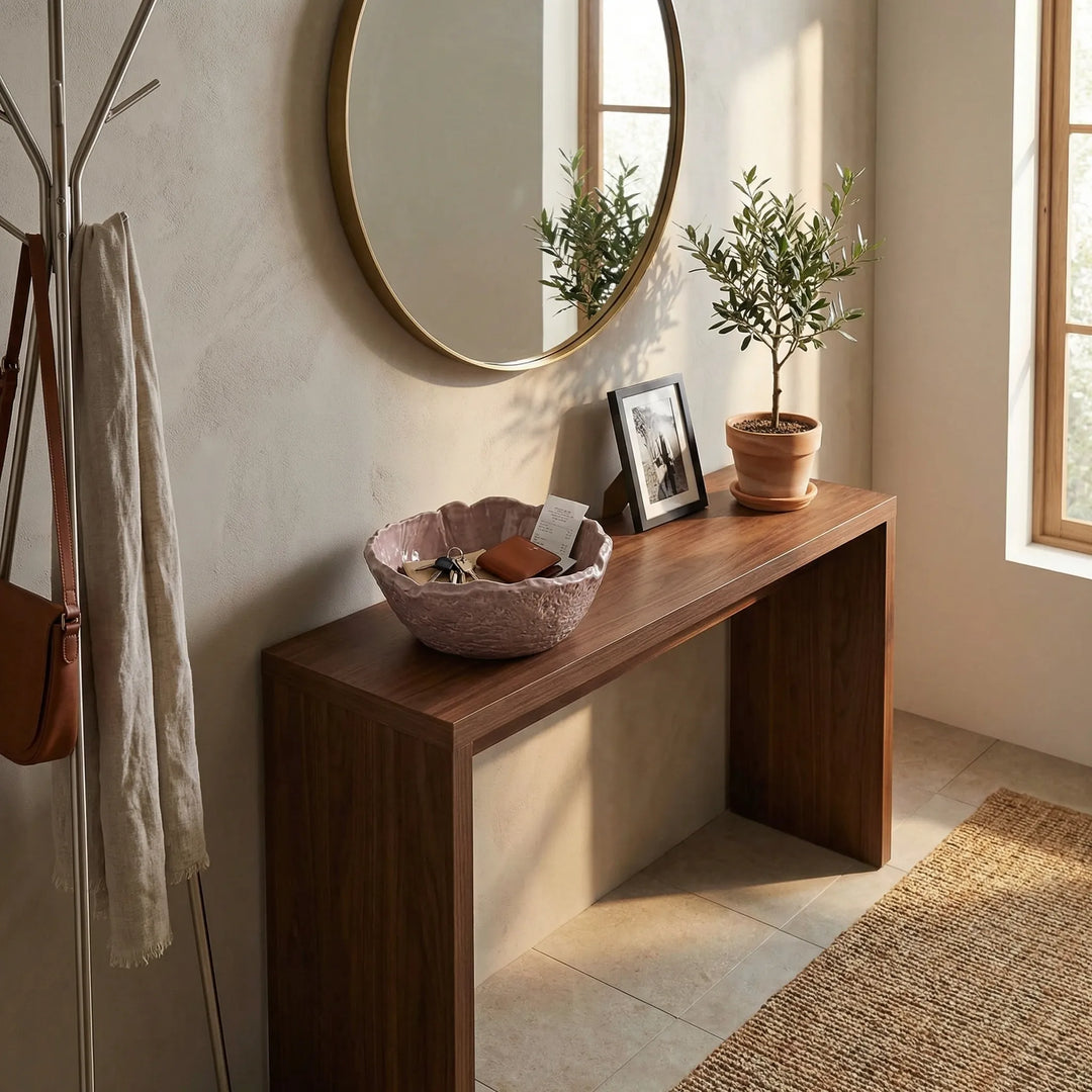 Ciotola decorativa in ceramica su consolle in legno con chiavi e oggetti personali in ingresso moderno