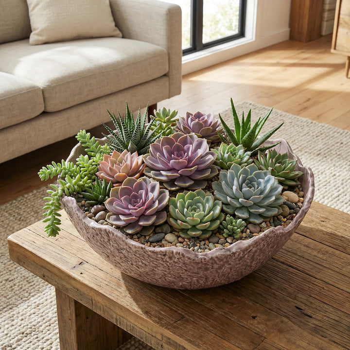 Ciotola in ceramica artigianale con mix di succulente colorate su tavolino in legno in soggiorno moderno