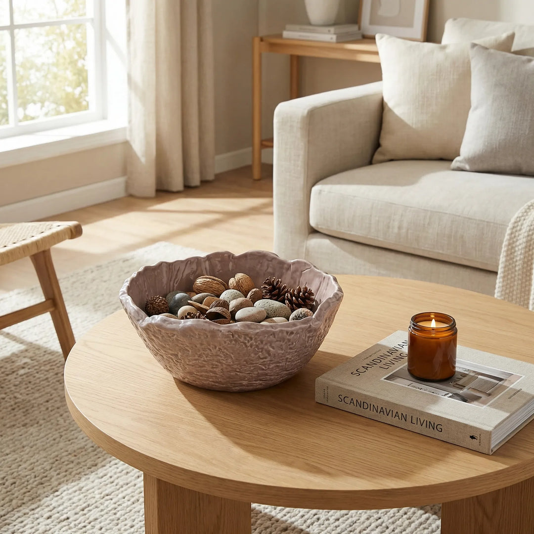 Ciotola in ceramica artigianale con pigne e sassi su tavolino in legno accanto a candela e libro in soggiorno luminoso