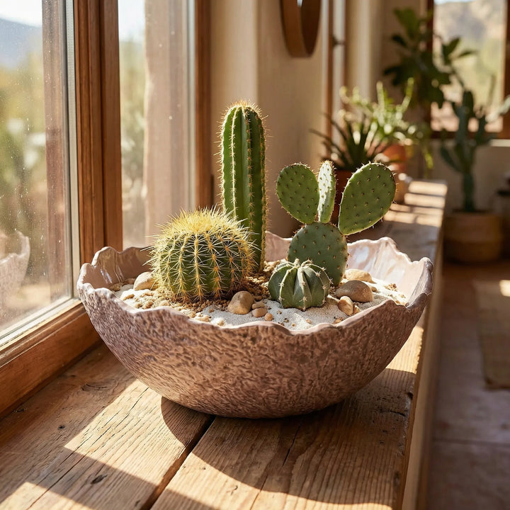 Ciotola artigianale in ceramica con composizione di cactus e sabbia decorativa su davanzale luminoso