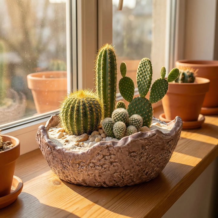 Ciotola artigianale in ceramica con composizione di cactus e sabbia decorativa posizionata su davanzale luminoso