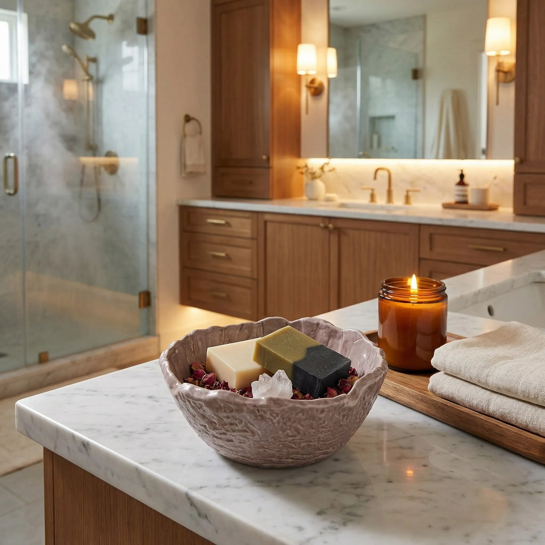 Ciotola artigianale in ceramica con saponi naturali e cristalli su piano in marmo in bagno moderno