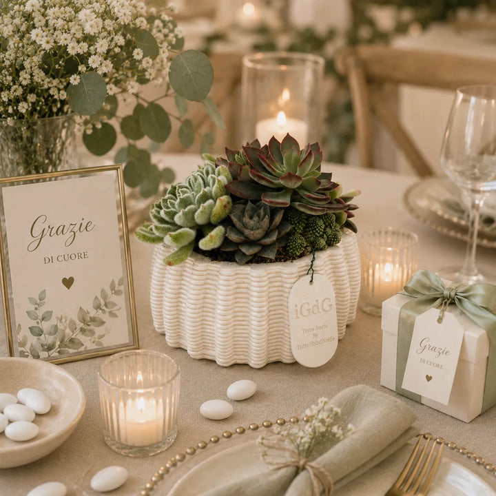 Composizione di piante grasse in vaso Dioniso utilizzata come elegante bomboniera green per matrimonio con decorazioni floreali e candele.