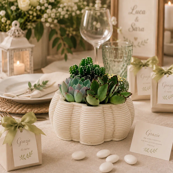 Composizione di piante grasse in vaso di ceramica artigianale Iris utilizzata come decorazione elegante per matrimonio e bomboniere green.