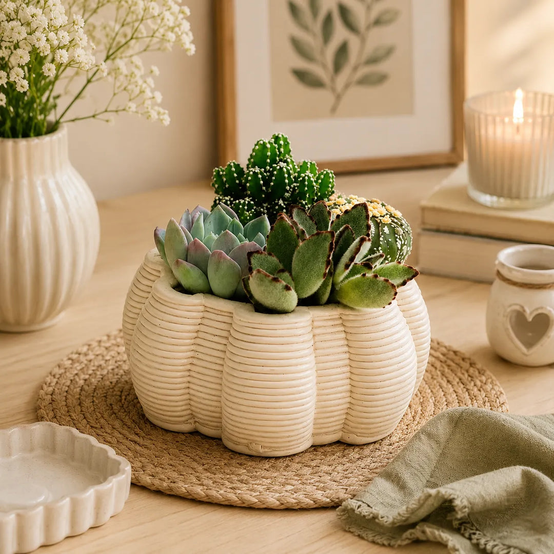 Composizione di succulente e cactus in vaso artigianale Iris bianco posizionata su tavolo in legno con decorazioni naturali e atmosfera accogliente.