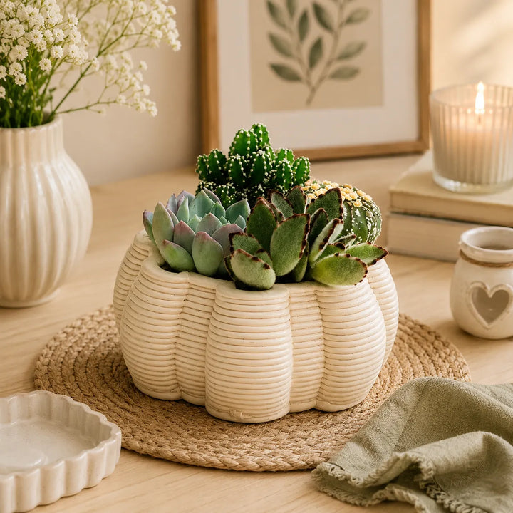 Composizione di succulente e cactus in vaso artigianale Iris bianco posizionata su tavolo in legno con decorazioni naturali e atmosfera accogliente.