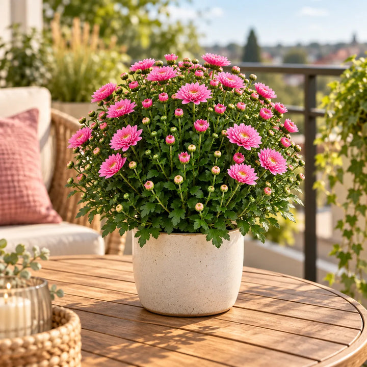 Pianta di crisantemo rosa con chioma compatta e fiori vivaci, in vaso beige su tavolino di legno in un balcone arredato