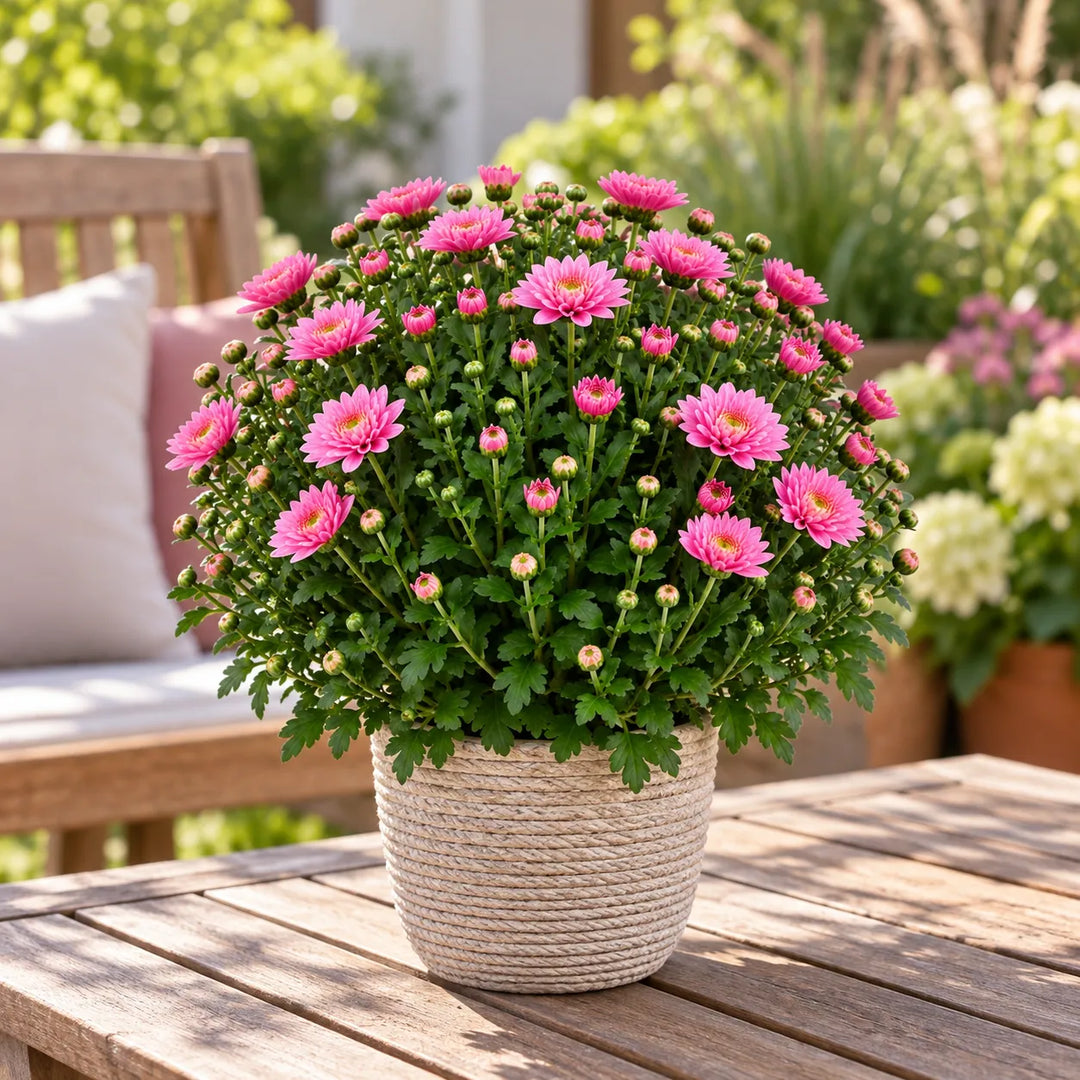 Crisantemo rosa con fioritura abbondante e numerosi boccioli, in vaso decorativo intrecciato su tavolo di legno in giardino
