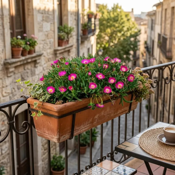 Delosperma Tricolor - pianta con fiori rosa in fioriera da balcone in terracotta