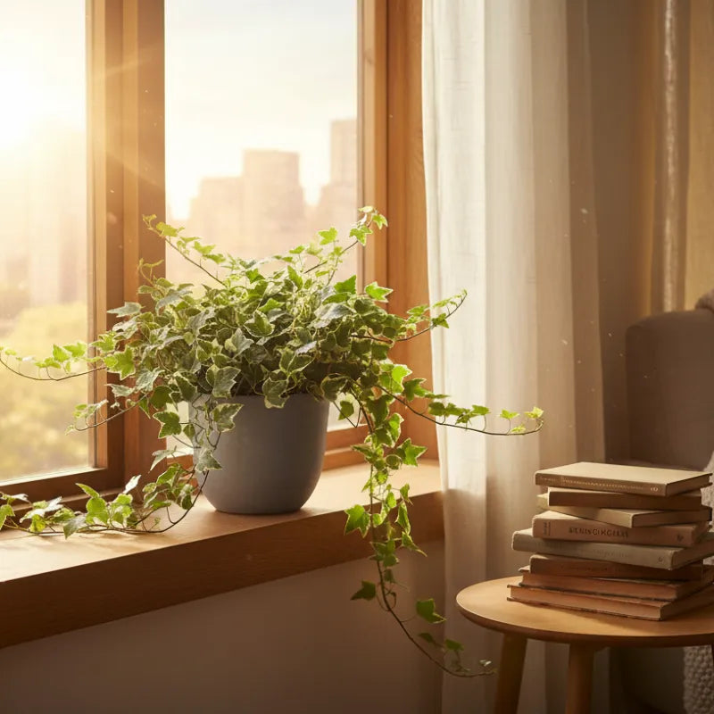 Edera variegata in vaso 17 cm su davanzale con luce naturale, pianta ricadente elegante per arredare ambienti interni