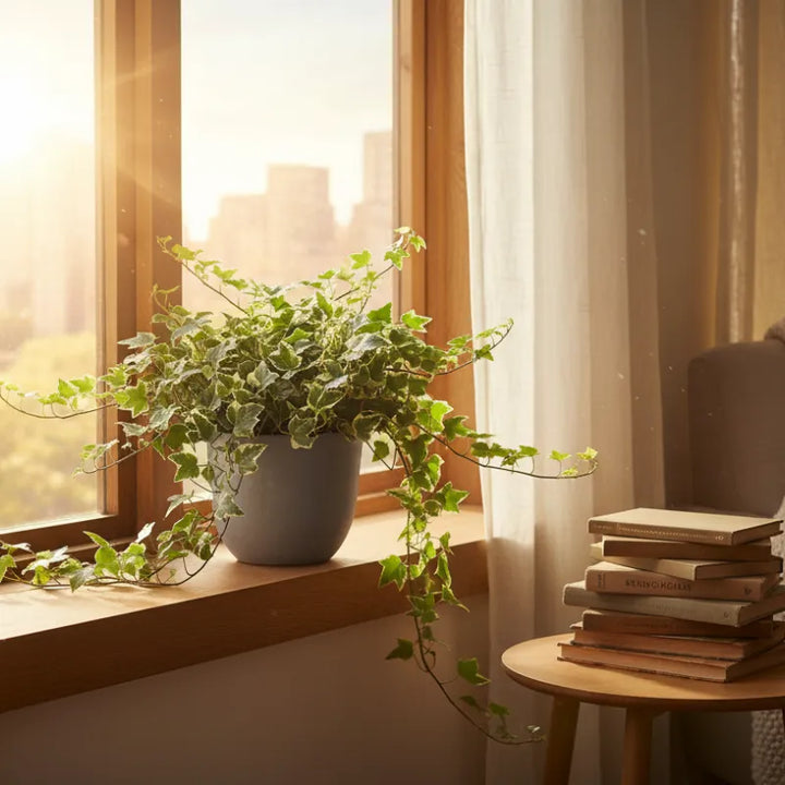 Edera variegata in vaso 17 cm su davanzale con luce naturale, pianta ricadente elegante per arredare ambienti interni